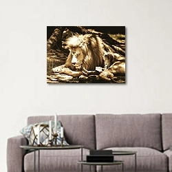 «Девочка со львом» в интерьере в скандинавском стиле над диваном