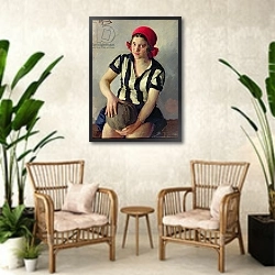 «A sportswoman, 1928» в интерьере комнаты в стиле ретро с плетеными креслами