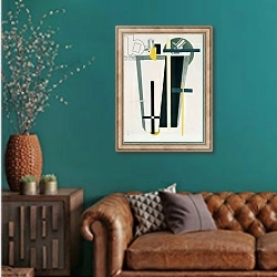 «Abstract composition in grey, yellow and black» в интерьере гостиной с зеленой стеной над диваном
