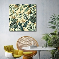 «Тропические листья и золотые цветы» в интерьере современной гостиной с желтым креслом