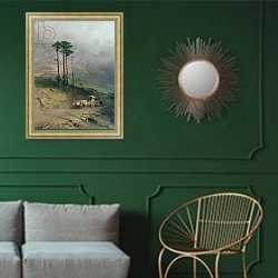 «In the Crimean Mountains, 1873» в интерьере классической гостиной с зеленой стеной над диваном
