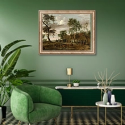 «Деревенский пейзаж 4» в интерьере гостиной в зеленых тонах