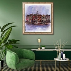 «Лодка на канале Амстердама» в интерьере гостиной в зеленых тонах