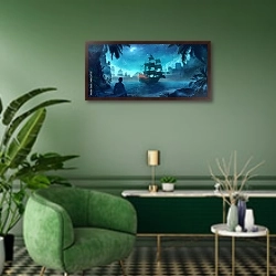 «Пиратский корабль в бухте» в интерьере гостиной в зеленых тонах