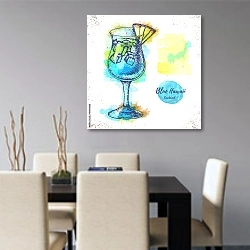 «Эскиз акварельного коктейля голубая лагуна» в интерьере современной кухни над столом