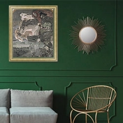 «The Flight of Faust and Mephistopheles, 1896» в интерьере классической гостиной с зеленой стеной над диваном