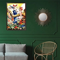 «Wizard in the Mushroom Forest» в интерьере классической гостиной с зеленой стеной над диваном