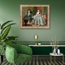 «David Garrick and Mrs Pritchard in 'The Suspicious Husband' by Benjamin Hoadley 1747» в интерьере гостиной в зеленых тонах
