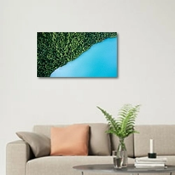 «Зеленый лес на берегу голубой реки» в интерьере современной светлой гостиной над диваном