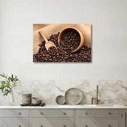 «Жареные кофейные зерна на мешковине» в интерьере кухни в серых тонах