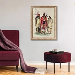 «North American Indians, c.1832» в интерьере гостиной в бордовых тонах