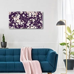 «Весенние цветы на фиолетовом фоне» в интерьере современной гостиной над синим диваном