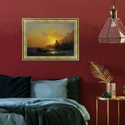 «Закат над Великой Лаврой. Святой Афон.» в интерьере спальни с акцентной стеной