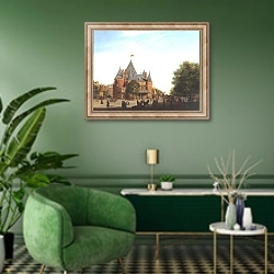 «Вид на новый рынок, Амстердам» в интерьере гостиной в зеленых тонах