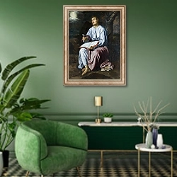 «Святой Джон Евангелист на острове Патмос» в интерьере гостиной в зеленых тонах
