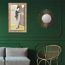 «Young woman in a summer kimono,1920» в интерьере классической гостиной с зеленой стеной над диваном