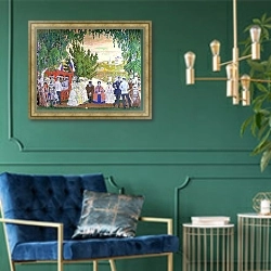 «Festive Gathering, 1910 1» в интерьере зеленой гостиной над диваном