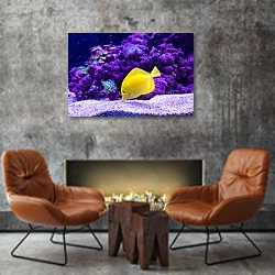 «Желтая рыбка у фиолетового коралла» в интерьере в стиле лофт с бетонной стеной над камином