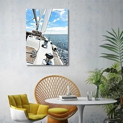 «Яхта в океане в солнечный день №5» в интерьере современной гостиной с желтым креслом