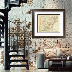 «Карта северных штатов США, конец 19 в. 1» в интерьере двухярусной гостиной в стиле лофт с кирпичной стеной