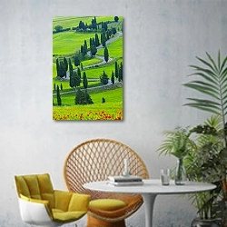 «Весенняя Тоскана. Маки и кипарисы» в интерьере современной гостиной с желтым креслом