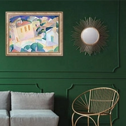 «Terrino, Mallorca, 1914» в интерьере классической гостиной с зеленой стеной над диваном