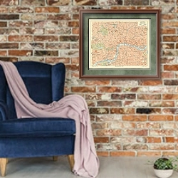 «Карта центральной части Лондона, конец 19 в.» в интерьере в стиле лофт с кирпичной стеной и синим креслом