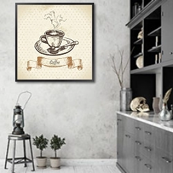 «Иллюстрация с чашкой кофе» в интерьере современной кухни в серых тонах