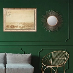 «Moonrise on the Sea» в интерьере классической гостиной с зеленой стеной над диваном