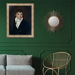 «Портрет мальчика 3» в интерьере классической гостиной с зеленой стеной над диваном