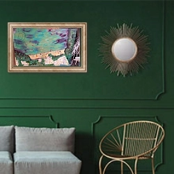 «Majorca, Cala bay seaview and hotel» в интерьере классической гостиной с зеленой стеной над диваном