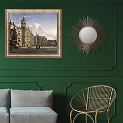 «The New Town Hall, Amsterdam, 1668» в интерьере классической гостиной с зеленой стеной над диваном