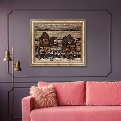 «Дома с бельем на веревках, или Слободка» в интерьере гостиной с розовым диваном