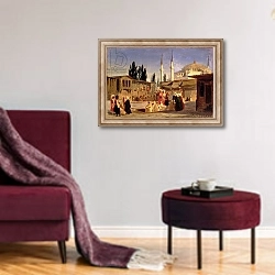 «The Slave's Bazaar, Constantinople» в интерьере гостиной в бордовых тонах