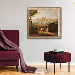 «The Chateau de Chambord, 1722» в интерьере гостиной в бордовых тонах