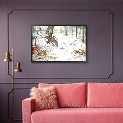 «Snipe in Wooded Landscape» в интерьере гостиной с розовым диваном