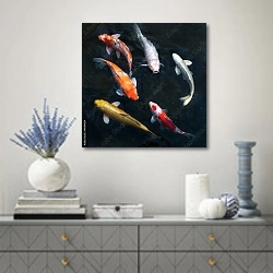«Красочные рыбки кои  1» в интерьере современной гостиной с голубыми деталями
