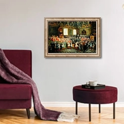 «Bed of Justice Held in the Parliament at the Majority of Louis XV, 22nd February 1723» в интерьере гостиной в бордовых тонах