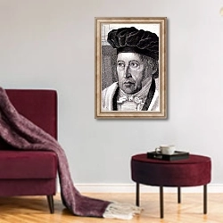 «Portrait of Georg Wilhelm Friedrich Hegel» в интерьере гостиной в бордовых тонах