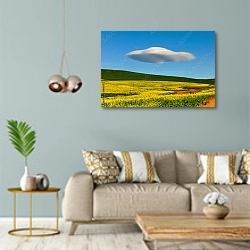 « Линзообразное облако над полем, ЮАР» в интерьере современной гостиной с голубыми стенами