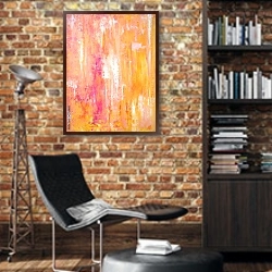 «Розово-оранжевая абстракция» в интерьере кабинета в стиле лофт с кирпичными стенами