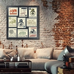 «Набор из девяти почтовых марок на тему автомобильного и железнодорожного транспорта» в интерьере гостиной в стиле лофт с кирпичной стеной