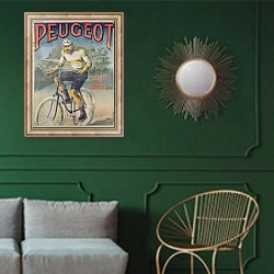 «Poster advertising the cycles 'Peugeot'» в интерьере классической гостиной с зеленой стеной над диваном
