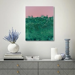 «Зеленый берег розового озера» в интерьере современной гостиной с голубыми деталями