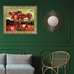 «Коровы (по Жордэну)» в интерьере классической гостиной с зеленой стеной над диваном