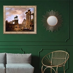 «Каприччо с трубадурами и прачками у фонтана» в интерьере классической гостиной с зеленой стеной над диваном