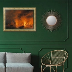 «Синопский бой 18 ноября 1853г. Ночь после боя 1853» в интерьере классической гостиной с зеленой стеной над диваном