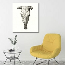 «Череп коровы» в интерьере комнаты в скандинавском стиле с желтым креслом
