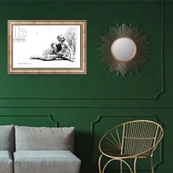 «Man seated on the ground, 1646» в интерьере классической гостиной с зеленой стеной над диваном