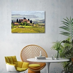 «Италия. Виноградники Тосканы» в интерьере современной гостиной с желтым креслом